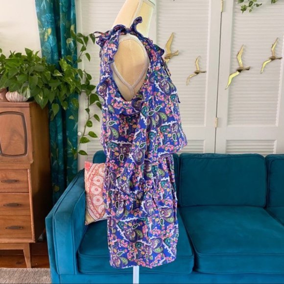easel | Romper in the Heather Floral Print Cold Shoulder Navy Ruffle New Small - Picture 9 of 14